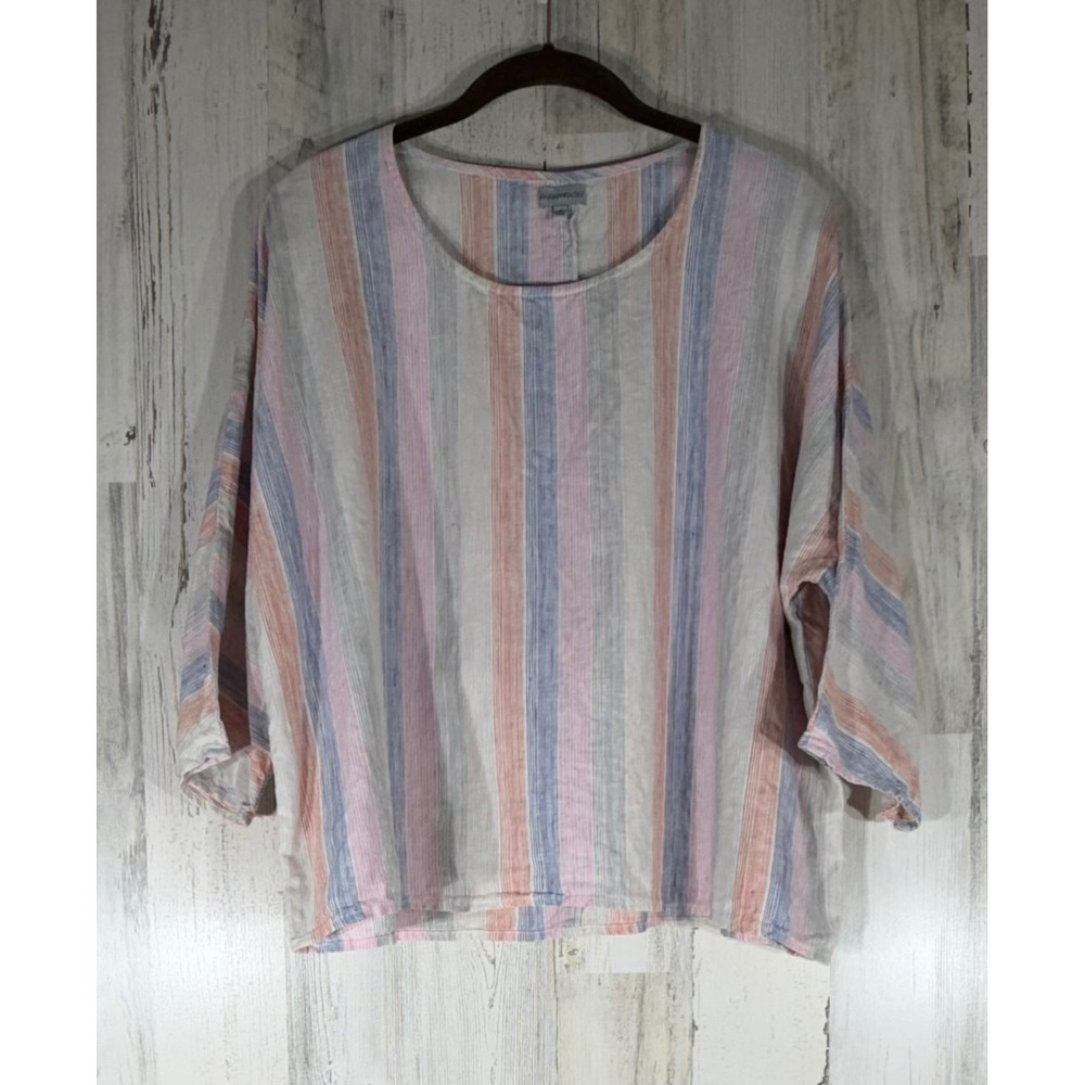 Paraphrase Linen Top Size Medium Multi Color Pastel Striped 3/4 Sleeve Boxy‎